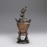 日本十九世纪 铜开光花鸟人物炉